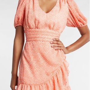 Express Printed Ruffle Wrap Puff Sleeve Dress (M)